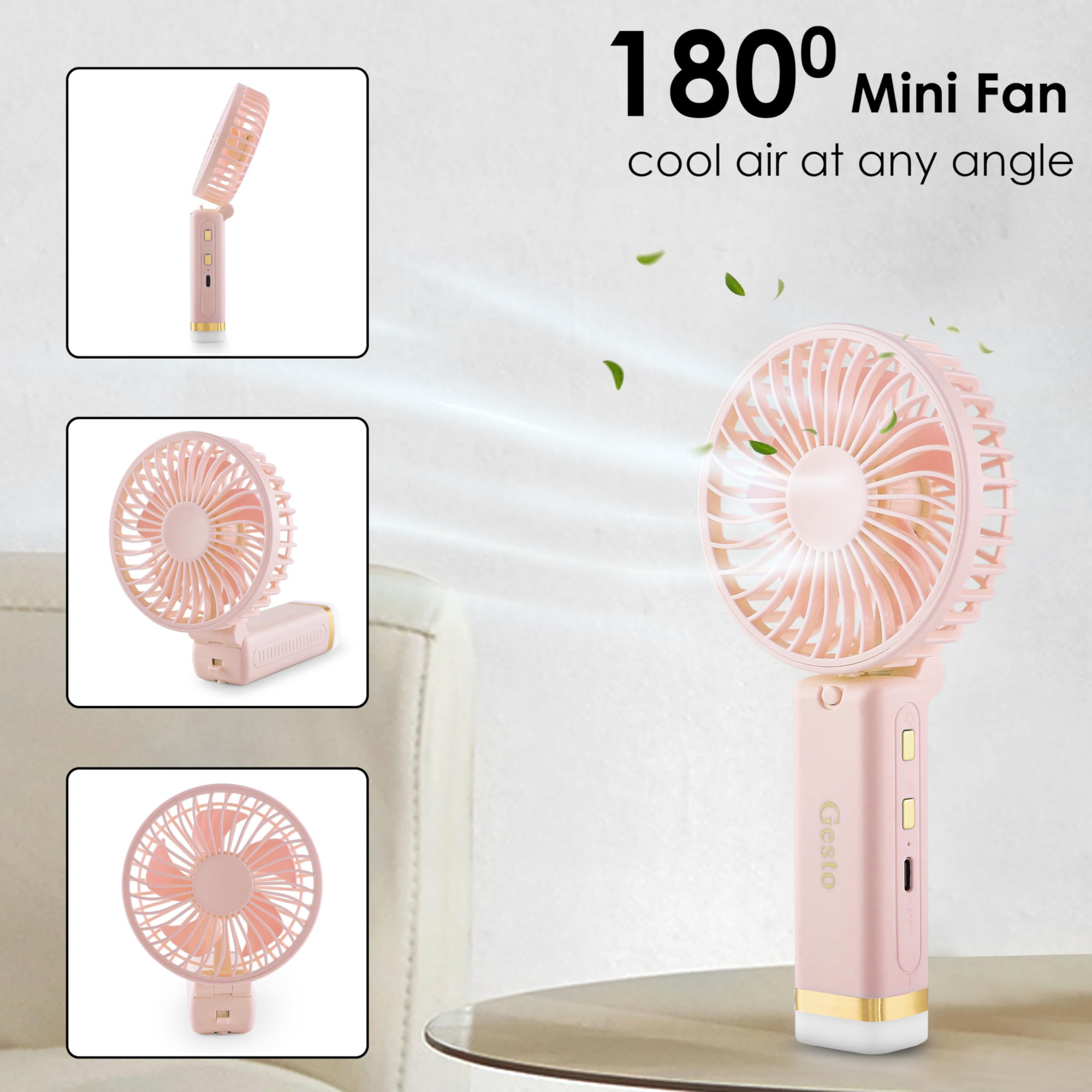 Gesto Portable Fan Rechargeable with LED Light Foldable Mini Fan Small FanUSB Charging Hand Fan with 1200mAh Battery 3 Speed Modes Travel Makeup KitchenWomens Personal Pankhaa - Pink