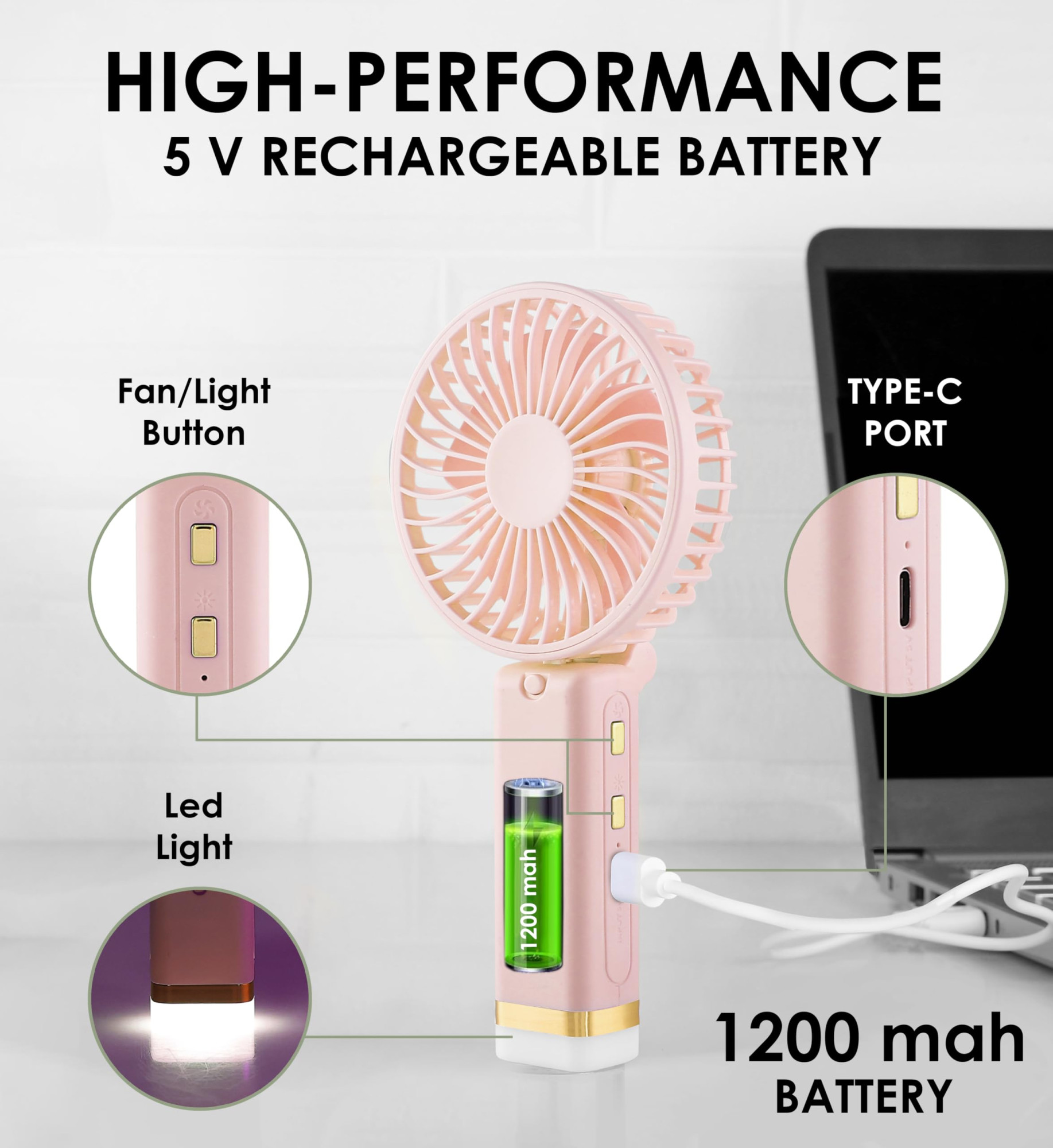 Gesto Portable Fan Rechargeable with LED Light Foldable Mini Fan Small FanUSB Charging Hand Fan with 1200mAh Battery 3 Speed Modes Travel Makeup KitchenWomens Personal Pankhaa - Pink