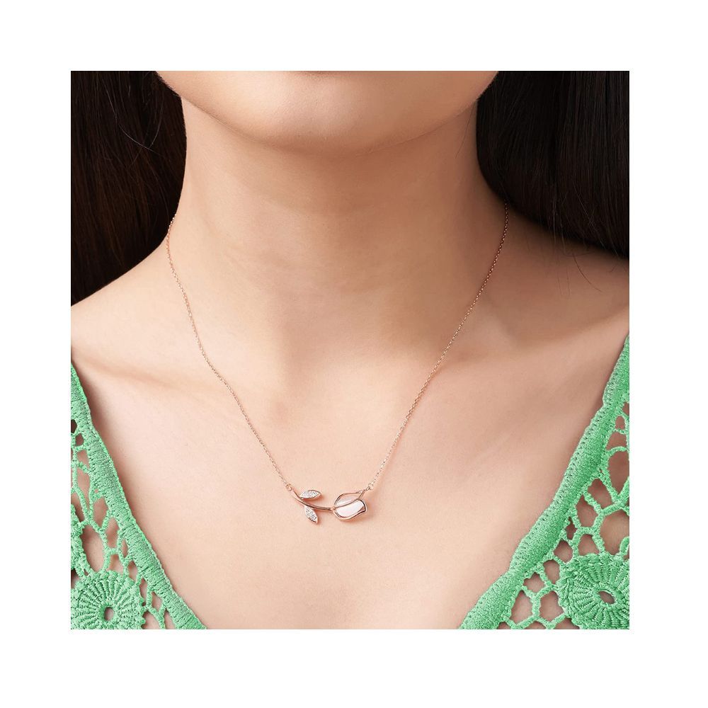 GIVA 925 Sterling Silver Rose Gold Anushka Sharma Pink Quartz Flower Necklace