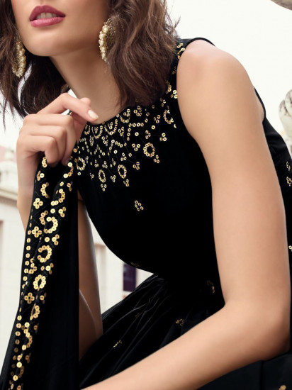 Glamorous Black Sequins Embroidered Festive Wear Gown