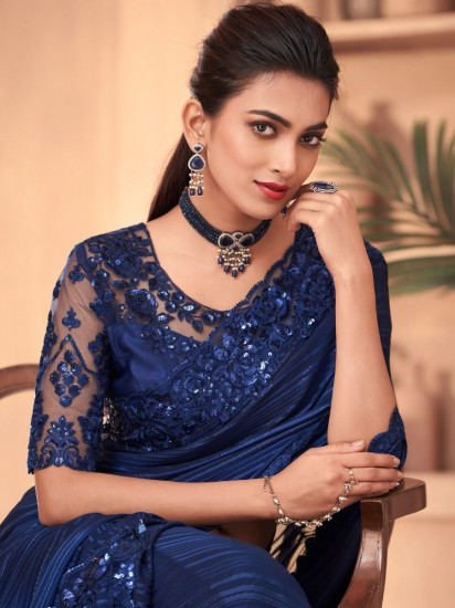 Glamorous Blue Shimmery Silk Cocktail Party Wear Saree with Blouse(Un-Stitched)
