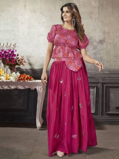 Glamorous Pink Color Sequined Silk Ready-To-Wear Crop-Top Lehenga
Semi Stitched