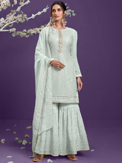 Glamorous Sky Blue Sequins Embroidered Heavy Khatli Work Sharara Suit