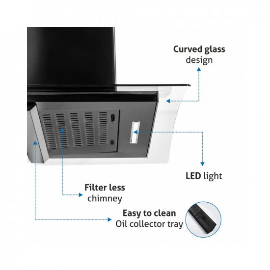 GLEN 60 cm 1050m3/hr Auto-Clean curved glass Kitchen Chimney Filterless Motion Sensor Touch Controls (Senza Black)