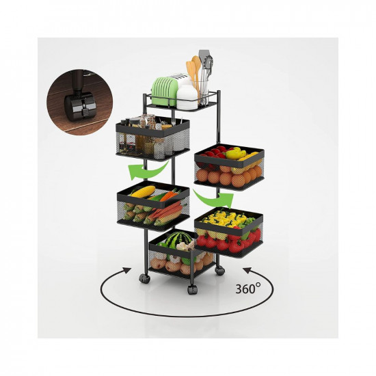 GLOBAL LOCAL Metal 5 Square Kitchen Rotating Trolley Portable Storage Rack Design Fruits&Vegetable Onion,Spice,Jars Container Basket Organizer Holde Stand Kitchen-Black (5 Square Black (King))