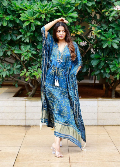 Glorious Blue Bandhej Print Gaji Silk Festival Wear Readymade Kaftan