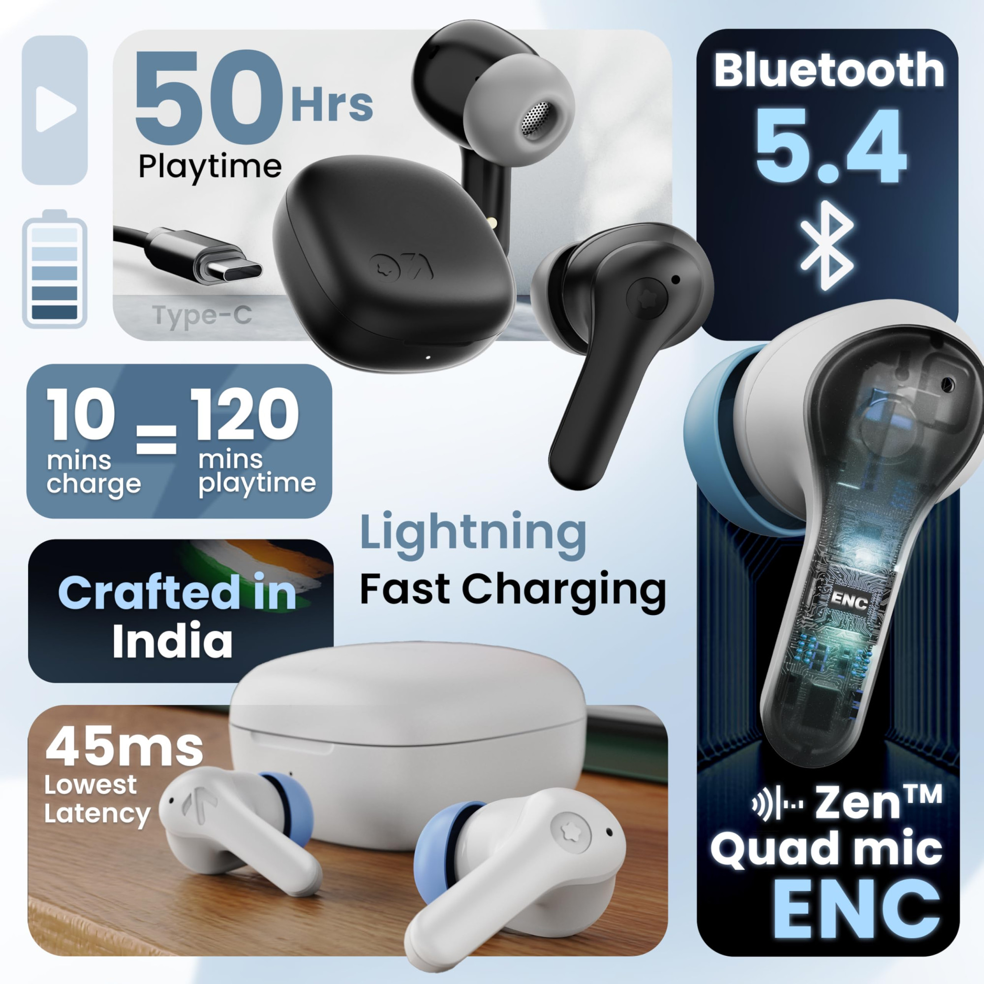 GOBOULT K10 Truly Wireless Bluetooth in Ear Earbuds with 50H Playtime 4 Mic Clear Calling 45ms Low Latency 10mm Drivers Touch Control Type-C Fast ChargingTWS Ear Buds Wireless Pure Black