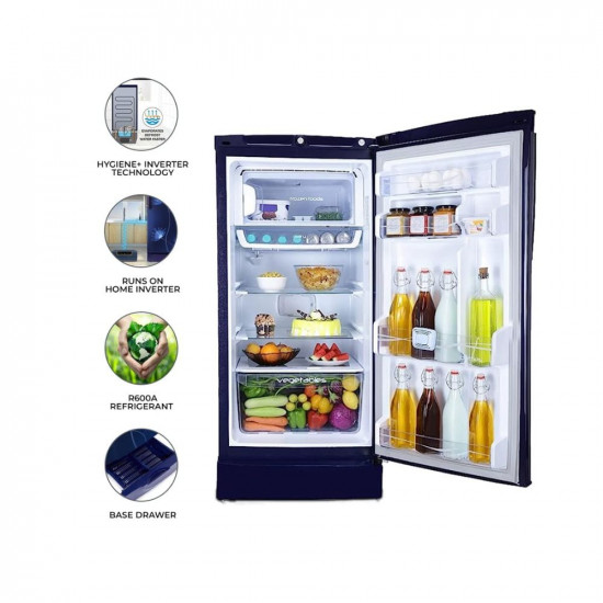Godrej 180 L 5 Star Inverter, Jumbo Vegetable Tray Direct Cool Single Door Refrigerator With Base Drawer(2023 Model, RD 190E PTDI GL BL, Glass Blue)