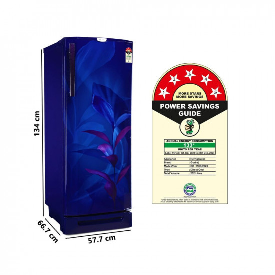 Godrej 202 L 5 Star Advanced Inverter, Jumbo Vegetable Tray Direct Cool Single Door Refrigerator With Base Drawer(2023 Model, RD 210E TDI MN BL, Marine Blue)