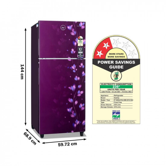 Godrej 234 L 2 Star Inverter, 24 Days farm Freshness Frost Free Double Door Refrigerator(RT EONALPHA 250B 25 RI JD PR, Jade Purple)