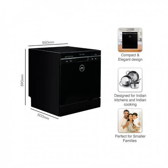 Godrej Eon Dishwasher | 8 Place Setting Counter-Top | Compact with an In-built heater (DWT EON MGNS 8C NF SKBK, Silky Black) | Perfect for Indian kitchens and smaller families