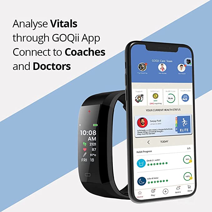 GOQii Vital 4.0 Oximeter Built-in Continuous SpO2, Heart Rate & Body Temperature Monitoring with 3 Months Personal Coaching(Black)