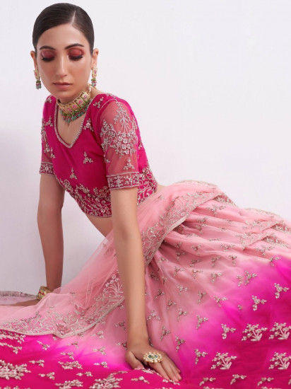 Gorgeous Fuscia Pink Fancy Embroidered Net Bridal Wear Lehenga Choli