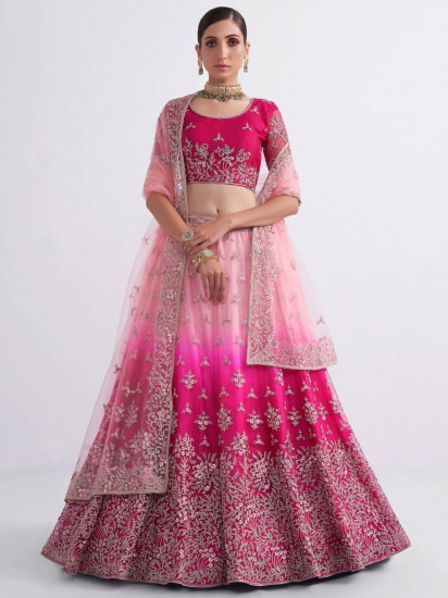 Gorgeous Fuscia Pink Fancy Embroidered Net Bridal Wear Lehenga Choli