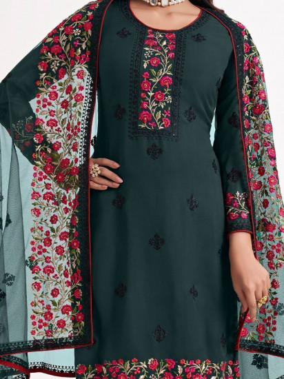 Gorgeous Green Floral Embroidered Georgette Fancy Salwar Suit