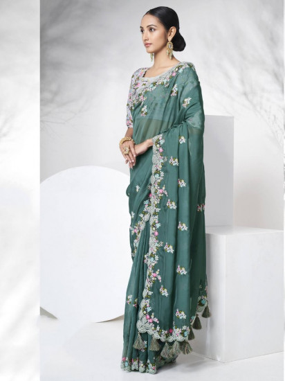Gorgeous Grey Organza Embroidered Party Look Saree(Un-Stitched)