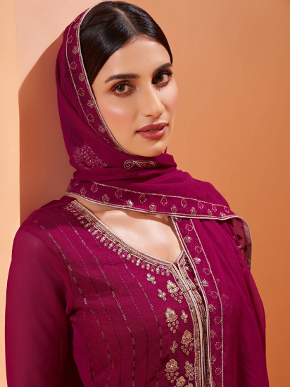 Gorgeous Magenta Sequins Work Georgette Party Wear Sharara Suit