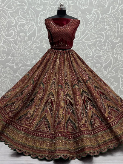 Gorgeous Maroon Embroidered Bridal Velvet Lehenga Choli