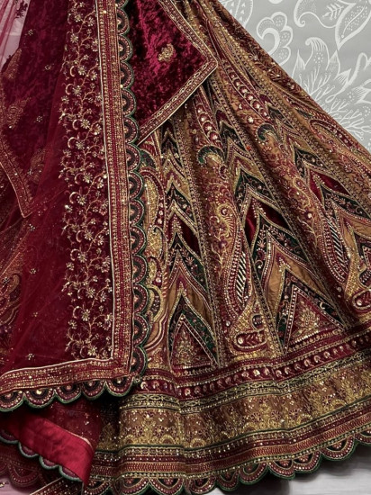 Gorgeous Maroon Embroidered Bridal Velvet Lehenga Choli