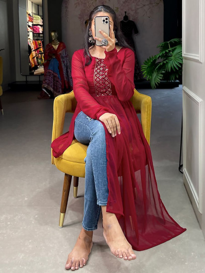 Gorgeous Maroon Embroidered Georgette Events Wear Nayra Cut Kurti