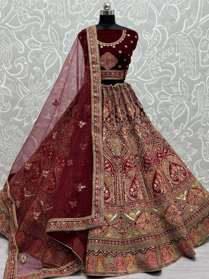 Gorgeous Maroon Fancy Embroidered Velvet Bridal Lehenga Choli
Semi Stitched