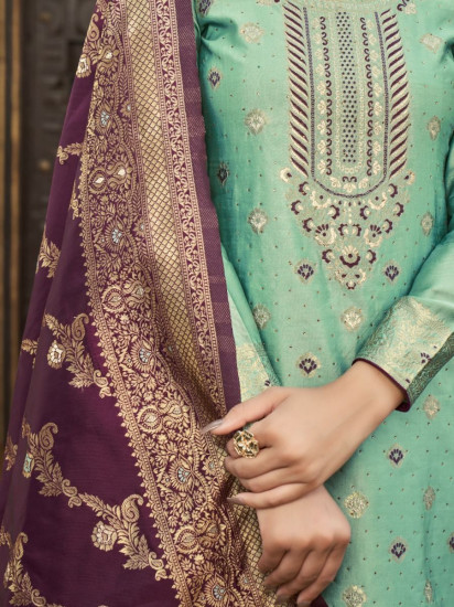 Gorgeous Pista Green Embroidered Banarasi Silk Festive Wear Salwar Kameez