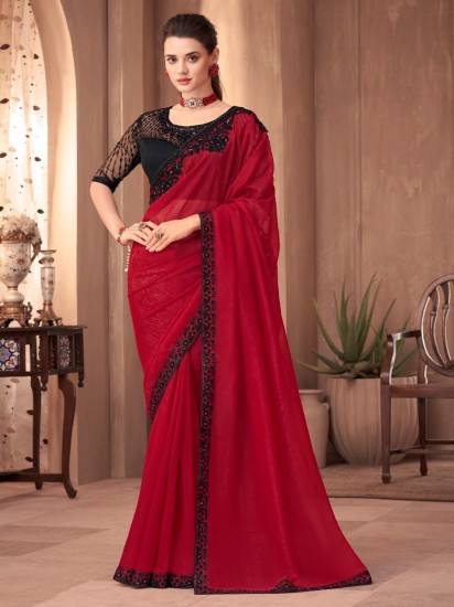 Gorgeous Red Sequins Silk Cocktail Party Wear Saree With Blouse(Un-Stitched)