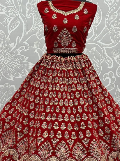 Gorgeous Scarlette Red Mutli-thread Embroidered Velvet Bridal Lehenga Choli