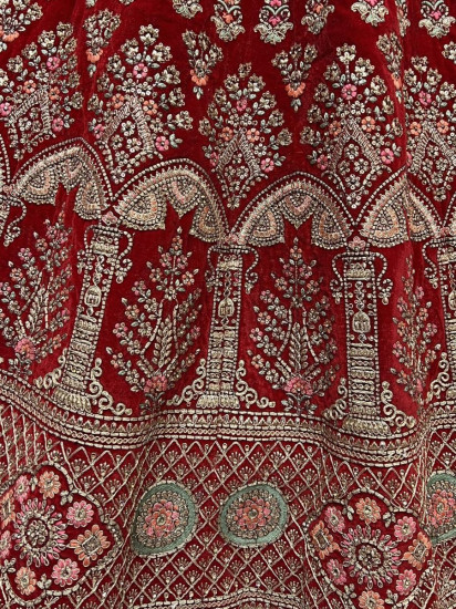 Gorgeous Scarlette Red Mutli-thread Embroidered Velvet Bridal Lehenga Choli