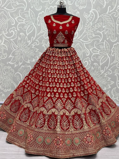 Gorgeous Scarlette Red Mutli-thread Embroidered Velvet Bridal Lehenga Choli