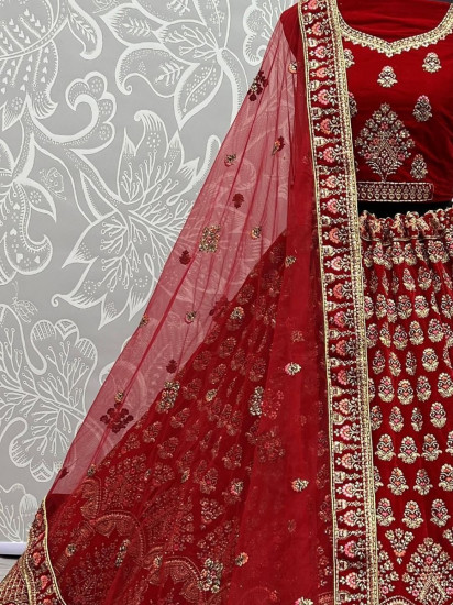 Gorgeous Scarlette Red Mutli-thread Embroidered Velvet Bridal Lehenga Choli
