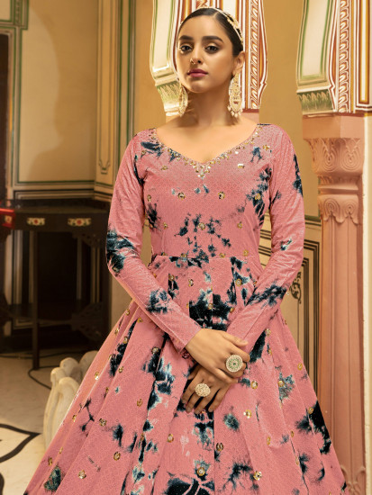 Graceful Peach Shibori Print Cotton Anarkali Gown With Sequins Work