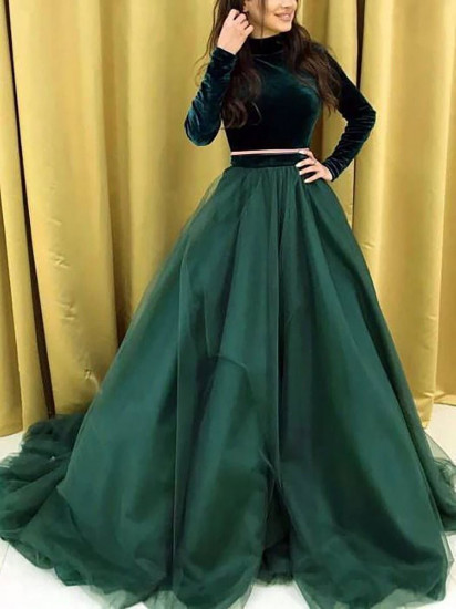 Green Designer Net Lehenga With Velvet Crop Top