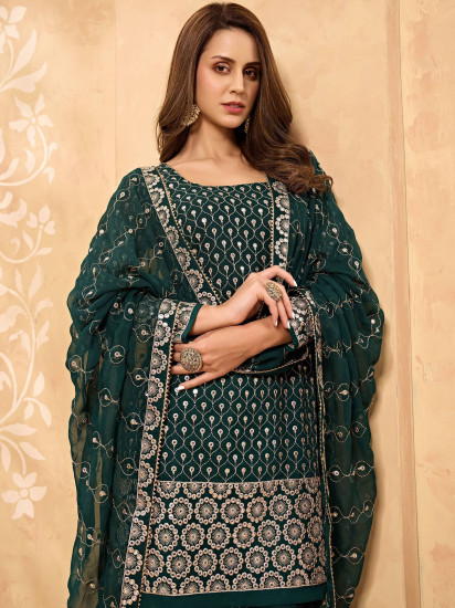 Green Zari Embroidered Georgette Festive Wear Sharara Suit
