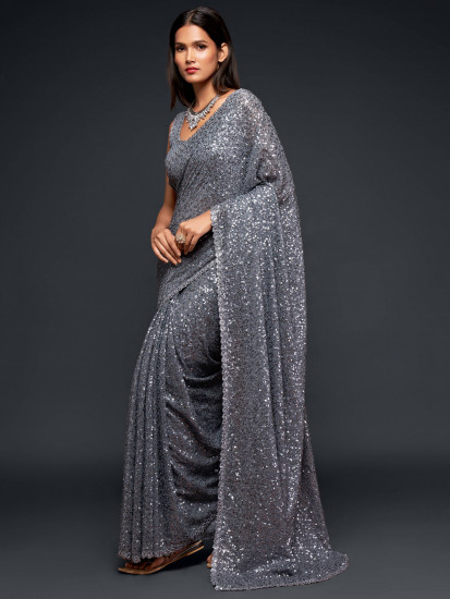 Grey Fully Sequined Georgette Party Wear Saree(Un-Stitched)