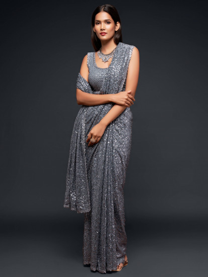 Grey Fully Sequined Georgette Party Wear Saree(Un-Stitched)