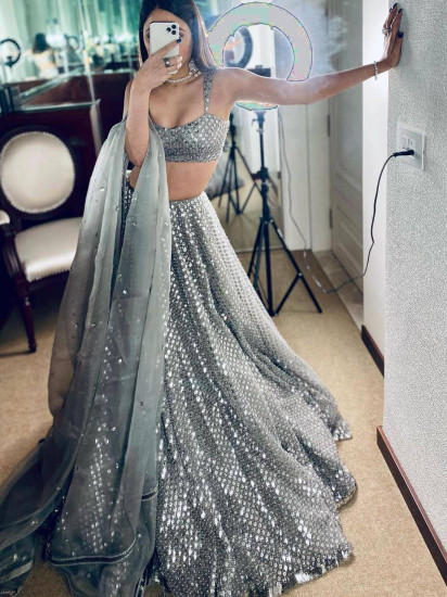 Grey Sequin Georgette Party Wear Lehenga Choli