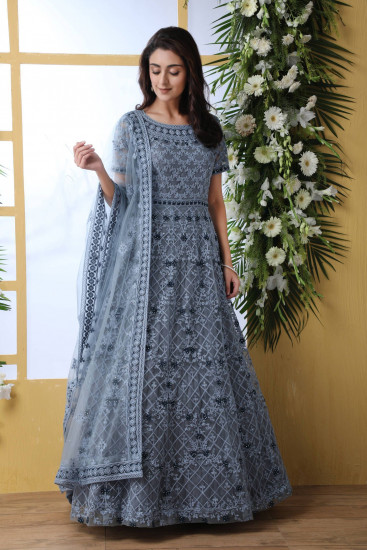 Grey Thread Embroidered Net Party Wear Anarkali Gown With Dupatta
