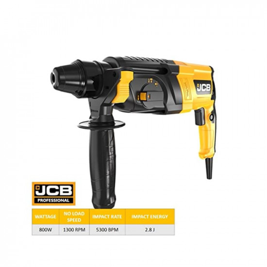 Groz JCB PROFESSIONAL 26 millimeters Rotary Hammer with Dual Function & Reversible Operation | 800 W, 1300RPM | 2.8J Impact Energy | Doweling and drilling holes in concrete & masonry walls, Yellow