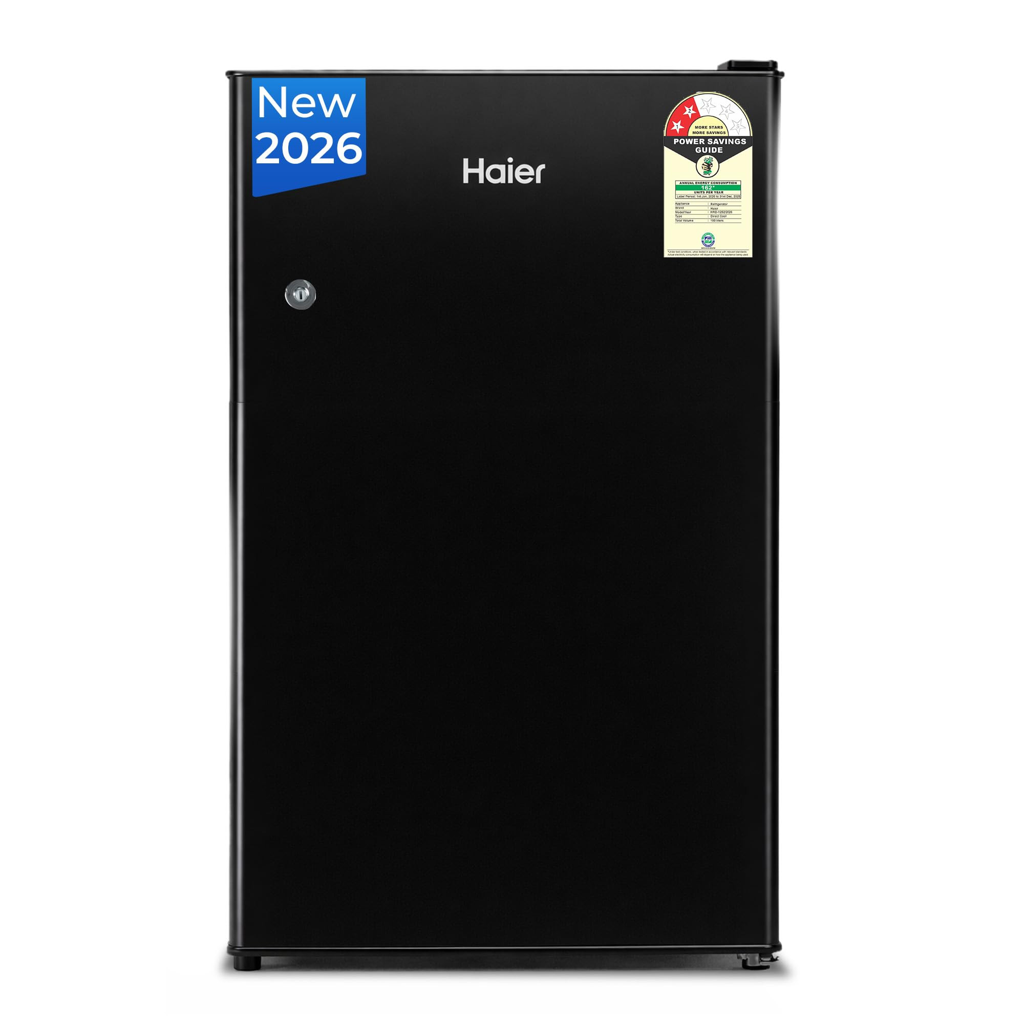 Haier 100 L 2 Star Direct Cool Single Door Mini Bar Refrigerator with Chiller Freezer Box LED Light for Clear View Lock  Key and Easy Clean Back HRD-1252KSA Black Steel 2026 Model