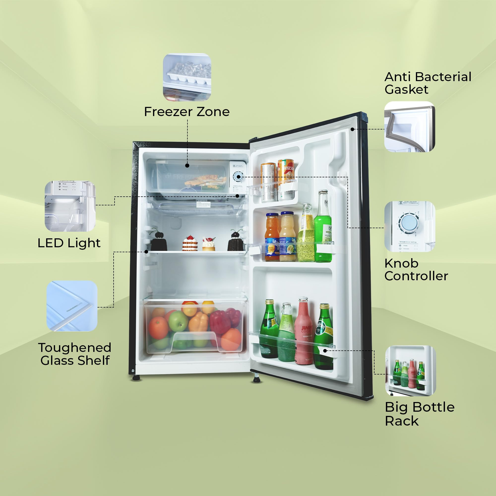 Haier 100 L 2 Star Direct Cool Single Door Mini Bar Refrigerator with Chiller Freezer Box LED Light for Clear View Lock Key and Easy Clean Back HRD-1252KSA Black Steel 2026 Model