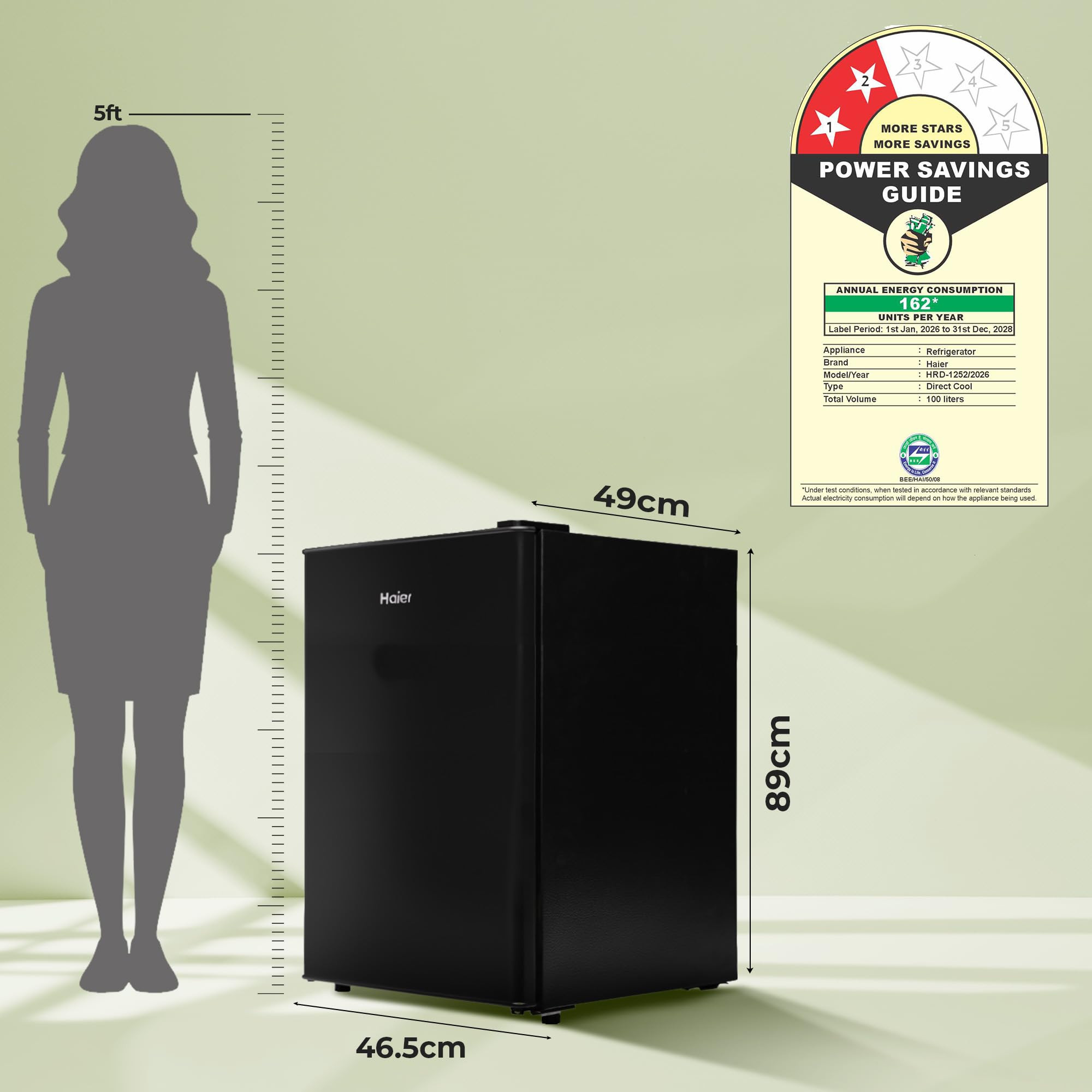 Haier 100 L 2 Star Direct Cool Single Door Mini Bar Refrigerator with Chiller Freezer Box LED Light for Clear View Lock Key and Easy Clean Back HRD-1252KSA Black Steel 2026 Model