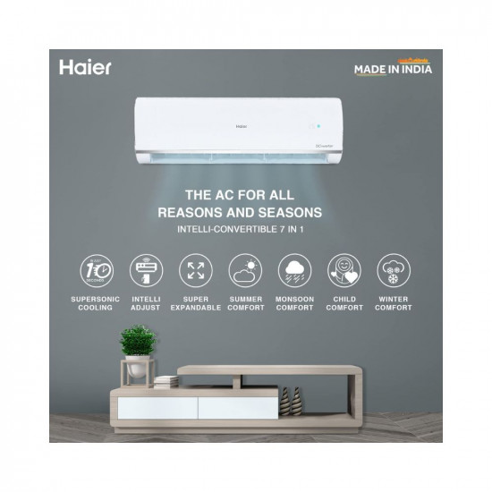 Haier 1.5 Ton 5 Star Inverter Split AC (Copper, Convertible 7 in 1 Cooling Modes, Antibacterial Filter, 2023 Model, HSU18K-PYS5BE-INV, White)