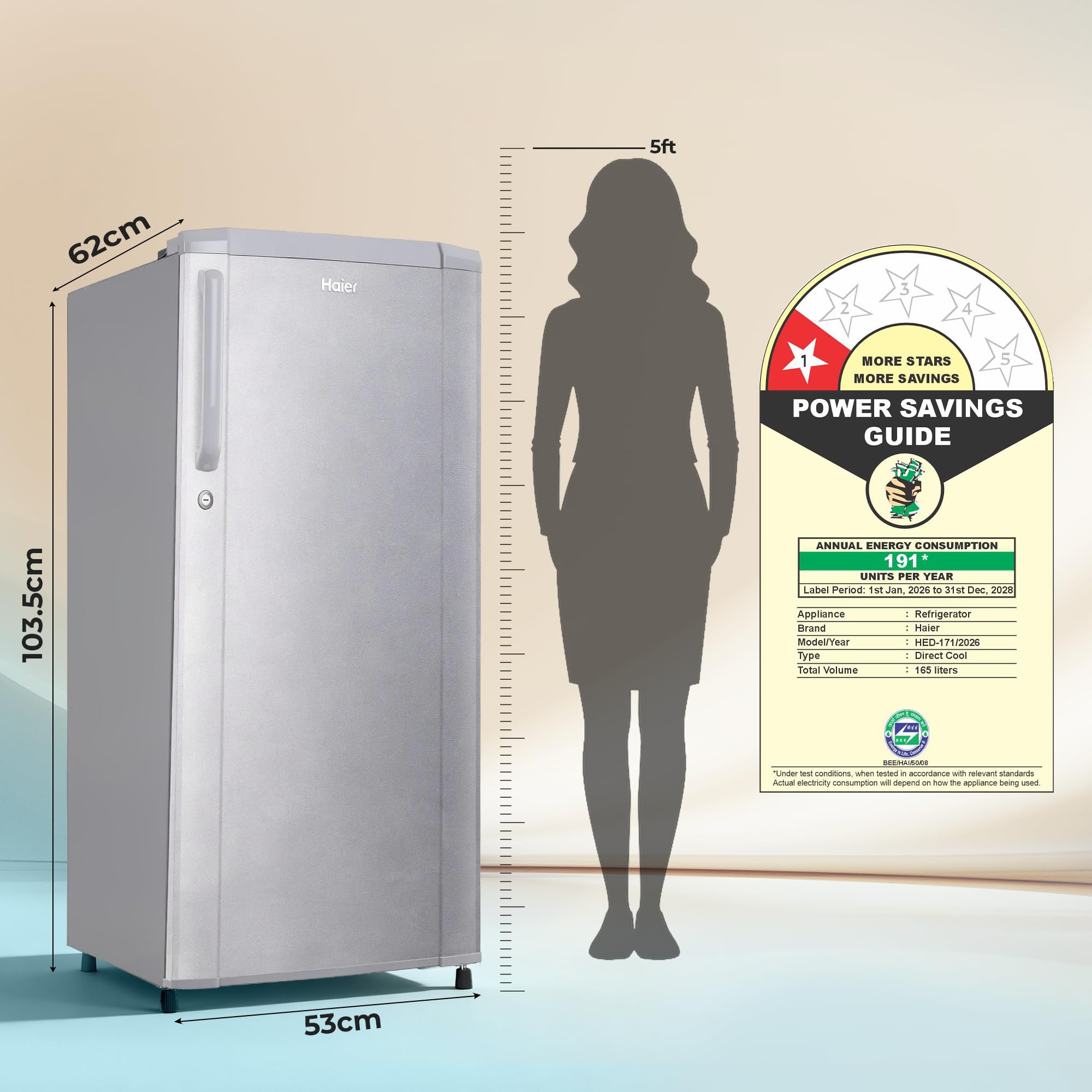 Haier 165 L 1 Star Direct Cool Single Door Refrigerator with Diamond Edge Freezing Technology Easy Clean Back Large Vegetable Box HED-171MSA-P Moon Silver 2026 Model