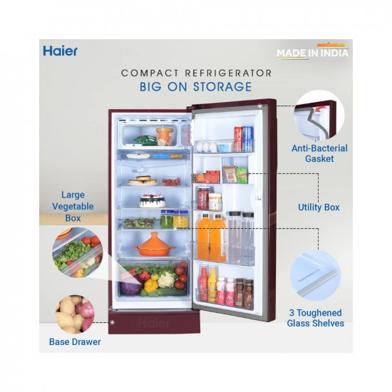 Haier 190 L 3 Star Direct Cool Single Door Refrigerator (2023 Model, HED-203RFB-P, Red Opal, Base Stand with Drawer)