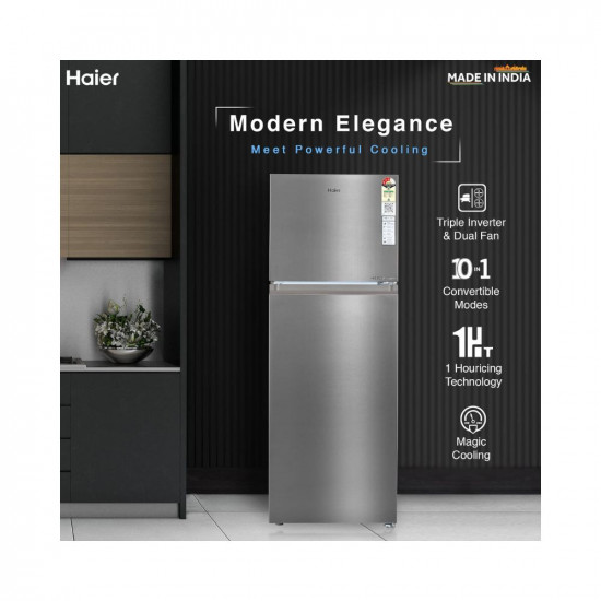 Haier 328 L 3 Star Frost Free Inverter Double Door Top Mount Refrigerator (2023 Model, HEF-333TS-P, Inox Steel, Convertible)