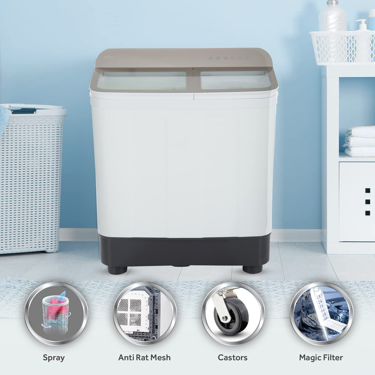 Haier 7 Kg 5 star SEMI Automatic Top Loading Washing Machine HTW70-178N white Anti Bacterial anti bacterial vortex Pulsator Magic Filter 1300 RPM  Castors