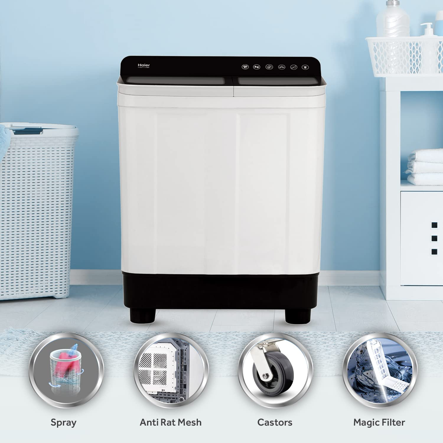 Haier 7kg Semi-Automatic Top Load Washer with Anti-Bacterial Pulsator  Magic Filter - 1300 RPM Black