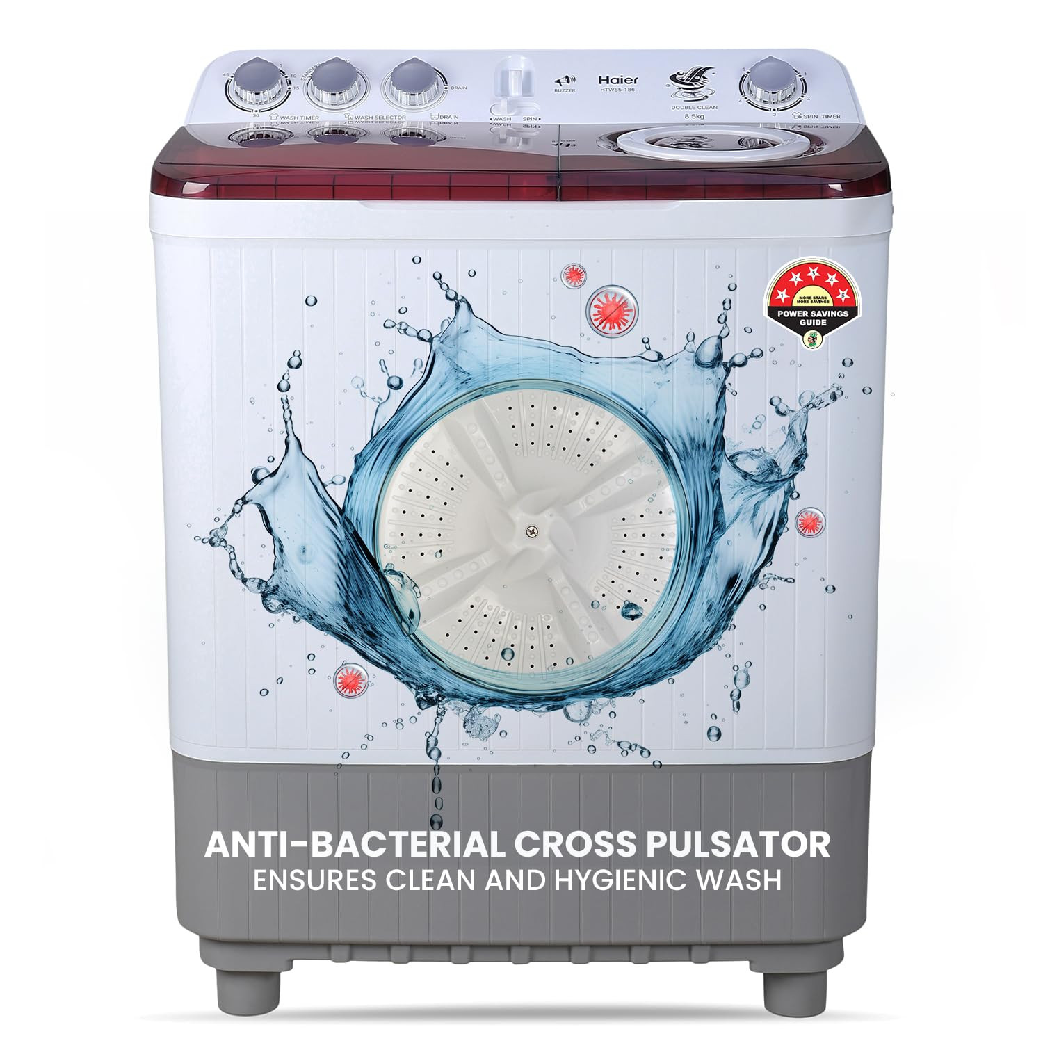 Haier 9 kg 5 Star Vortex Pulsator Semi Automatic Top Load Washing Machine HTW90-186 Anti rat mesh Magic Filter Castors Burgundy