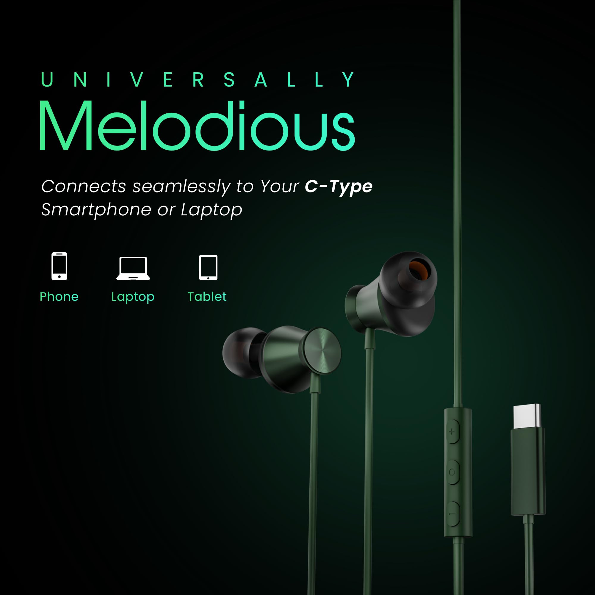 HAMMER Nova in Ear C Type Earphones Wired with Mic13mm Driver in-line Control Metallic Built Powerful Bass Comfortable  Lightweight Green